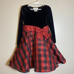Girl's Bonnie Jean Black Velvet Bodice Buffalo Plaid Taffeta Holiday Dress Sz 5